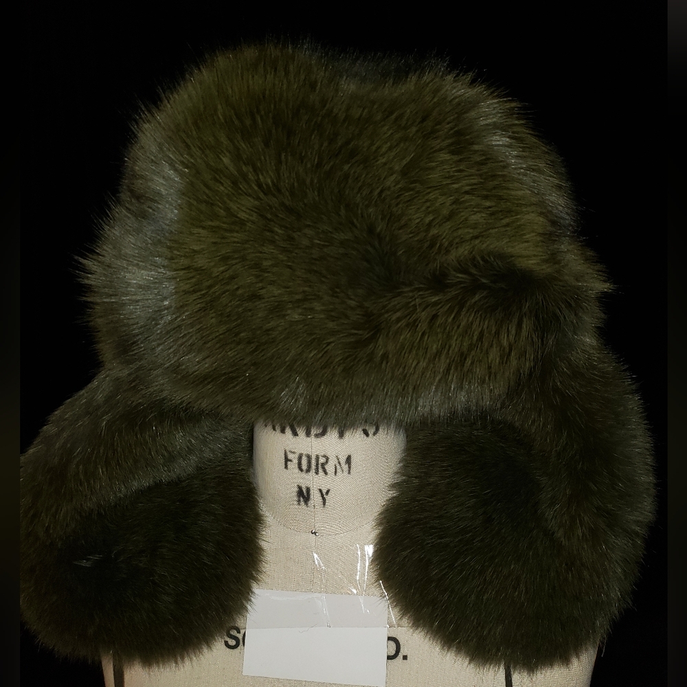 Olive Army Green with black genuine fox fur trapper trooper hat leather trimming